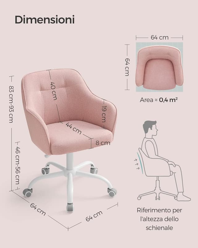 Detalle de Sedia da studio girevole SONGMICS con altezza regolabile, portata 110 kg e tessuto cotone-lino rosa OBG019P01