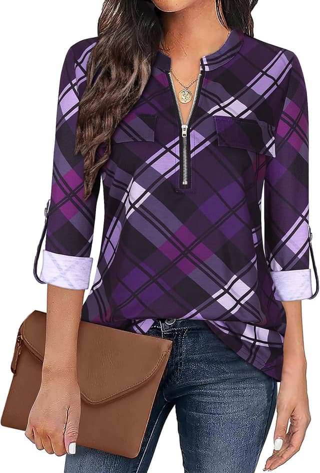 Detalle 2 de Gemulate women’s 3/4 sleeve polo floral tunic top with zip-front V-neck