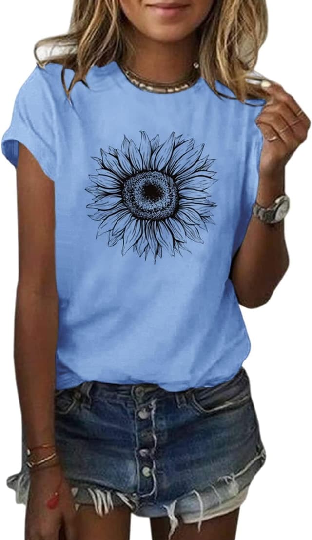 Detalle 2 de Cicy Bell Damen Sonnenblumen T-Shirt mit kurzem Arm – lässiges Grafikshirt für den Sommer