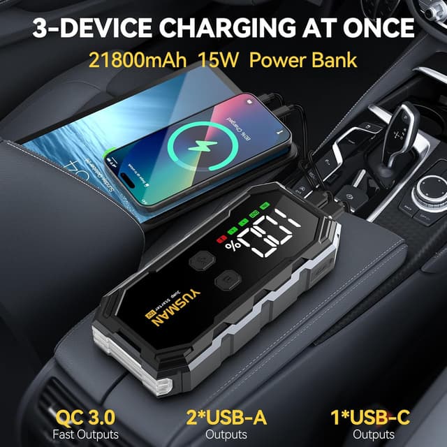 Detalle de YUSMAN Jump Starter Power Pack 7000A 12V with LCD Display, Quick Charge 3.0 & LED Light