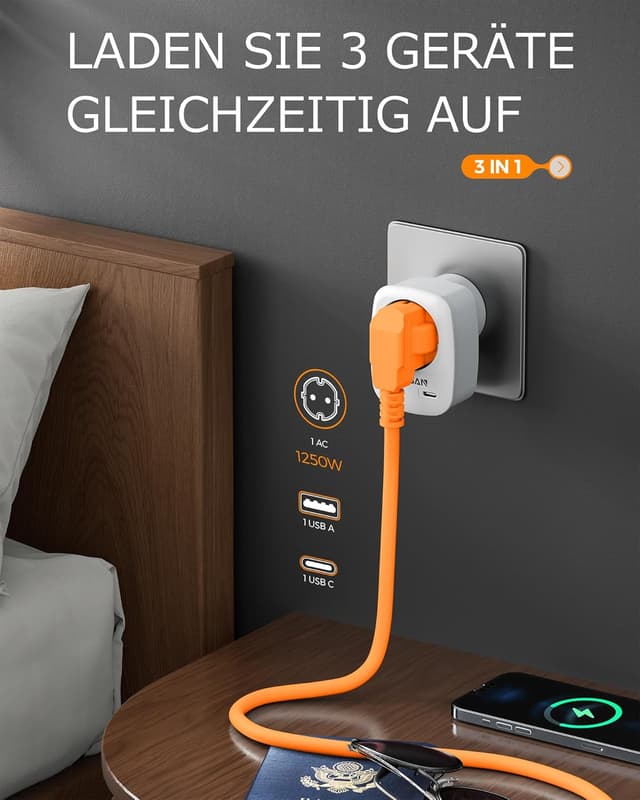 Detalle de TESSAN 2er Pack Reiseadapter USA (3-in-1) mit USB-C und USB-A – für USA/Kanada/Mexiko/Thailand, 1250 W