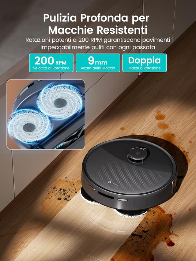 Detalle de Lefant M3 Ultra robot aspirapolvere e lavapavimenti con LiDAR dToF, ostacoli PSD e stazione all-in-one