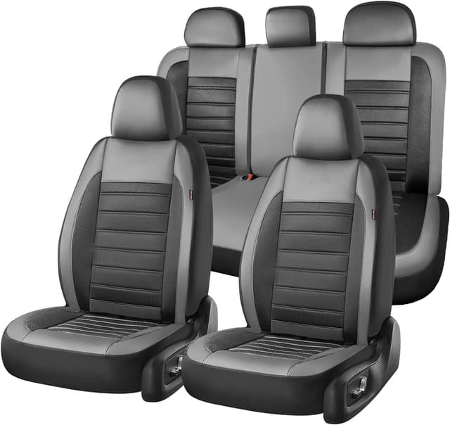 Detalle de Coverado Car Seat Covers Full Set (5 Seats) in Black Gray – Luxury Leather + Mesh Protectors