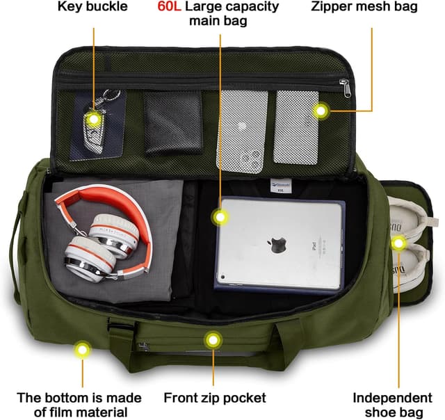 Detalle 1 de Lyweem 60L Travel Duffel Bag (Green) with Shoe Compartment and Backpack Handles