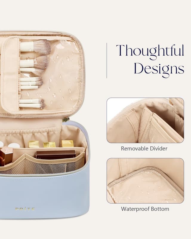 Thumbnail 4 de Prite Große Kosmetiktasche für Damen – Reise-Kulturtasche aus wasserdichtem veganem Leder, mit Griff & abnehmbarem Trenner (Blau)