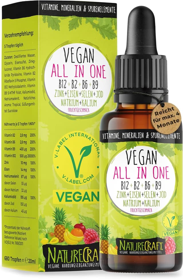 Detalle de Vegan All-in-One Tropfen mit B12/B2/B6/B9, Zink, Eisen, Selen & Jod (20 ml) – NatureCraft