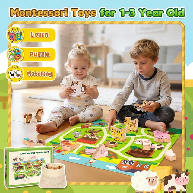 Detalle de Montessori-style wooden farm animal matching puzzle set for 1–3 year olds (10 snap fastener puzzles)