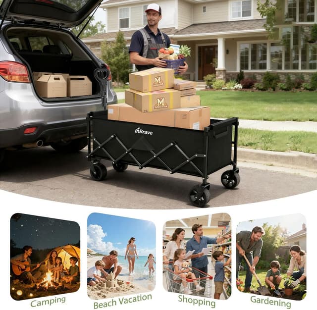 Thumbnail 6 de InBrave Extra Long Collapsible Wagon Cart (480LBS) with All-Terrain Wheels, Foldable Utility Cart for Beach, Camping & Shopping