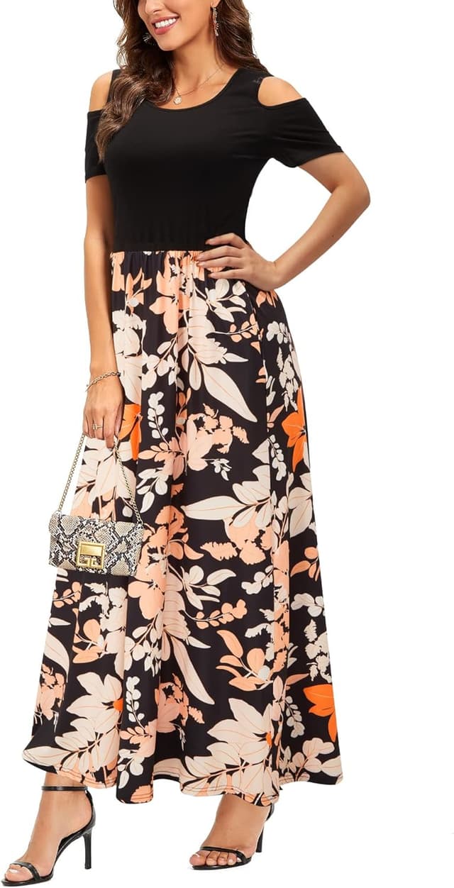 Detalle de STYLEWORD Robe longue femme d’été florale à épaules dénudées et poches