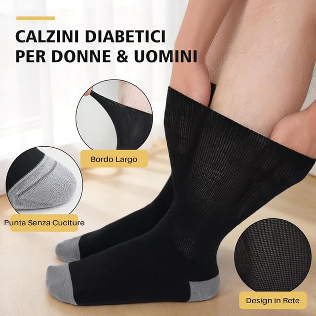 Detalle de PUTUO Calzini diabetici extra larghi senza elastico (uomo e donna) in cotone, 6 paia