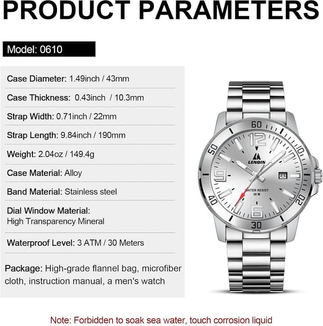 Thumbnail 6 de LN LENQIN Herrenarmbanduhr aus Edelstahl mit Quarz, Analog-Anzeige, Datum und 3-ATM-Schutz