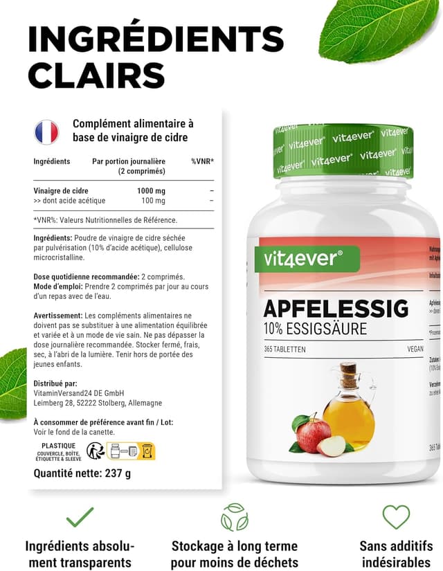 Detalle de Vinaigre de cidre en comprimés – 365 comprimés Forte Dose (1000 mg par portion journalière) avec 10% d’acide acétique