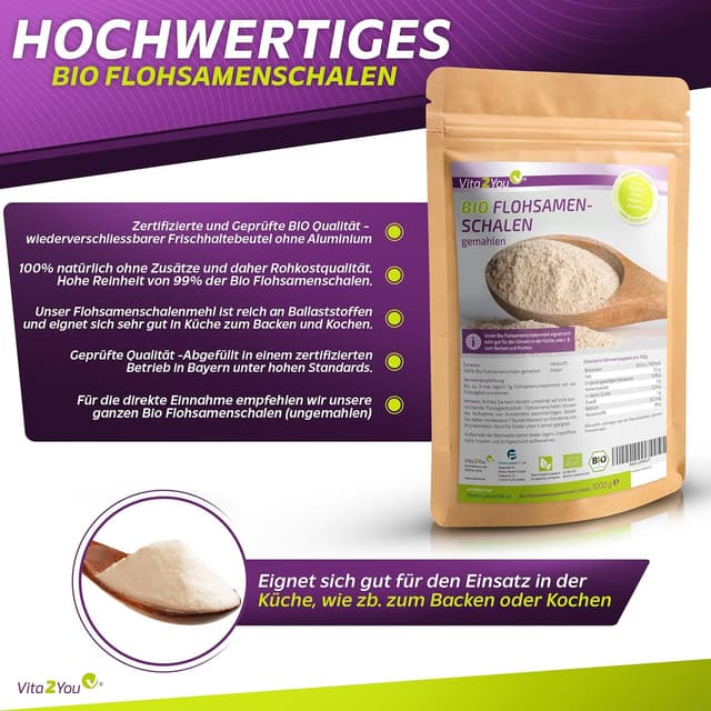 Detalle de Vita2You Bio Flohsamenschalen gemahlen (99% Reinheit) – 1 kg, ideal zum Backen