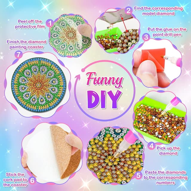 Detalle 2 de Bastelset Geschenk für Mädchen (8–12 Jahre): Diamond Painting Untersetzer mit 8 Motiven