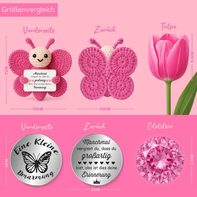 Detalle de Tixlux Pocket Hug Positive Schmetterling – Strickfigur mit Umarmung-Glücksbringer (Einschulung, Gute Besserung)