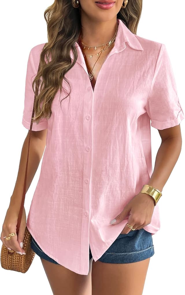 Detalle de Zeagoo Women Linen Button Down Shirt Rolled Cuff Short Sleeve V-Neck Blouse