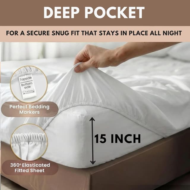 Detalle de CHATEAU HOME COLLECTION Egyptian Cotton Queen Sheet Set (400-Thread-Count) Deep Pocket – Soft Cooling Sateen, White