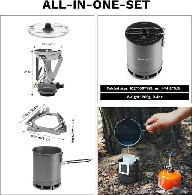 Detalle de Fire-Maple Petrel ultralight camping cookware set (0.6L pot, lid, stove & titanium stand)