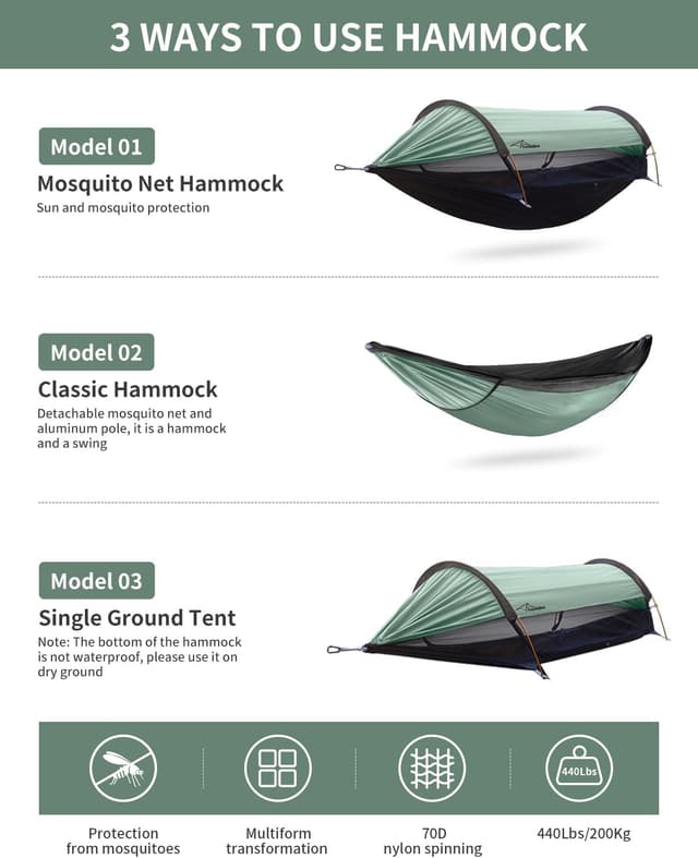 Detalle 2 de Travel Bird hamac de camping 3 en 1 avec moustiquaire et pare-soleil, 290 x 140 cm