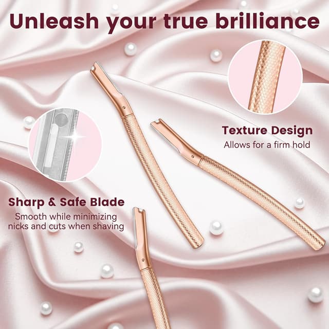 Detalle de Rose Gold Eyebrow & Face Dermaplaning Razor with 12 Refill Blades (Women’s Facial Hair Remover)