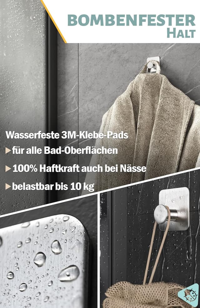 Detalle de Menz Handtuchhalter ohne Bohren – 5er Set selbstklebende Edelstahl-Handtuchhaken mit 3M-Klebe-Pads