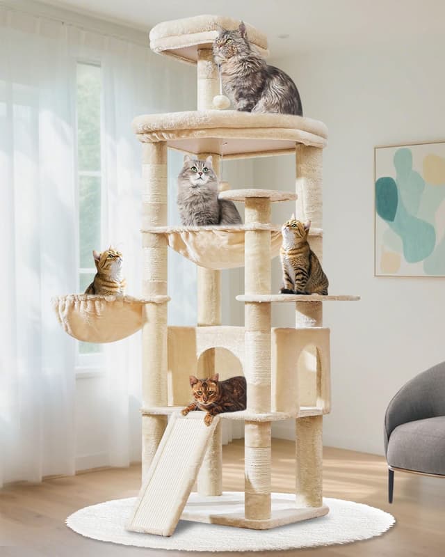 Detalle de Taoqimiao 183cm Large Cat Tree (MS045M) with Metal Hammock, 5 Scratching Posts & Spacious Platforms
