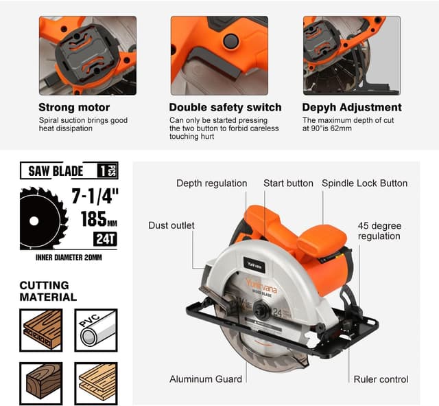 Detalle de Yunirvana 1400W High-Speed Circular Saw (6000 RPM) with 185mm Blade, Adjustable Depth & Angle