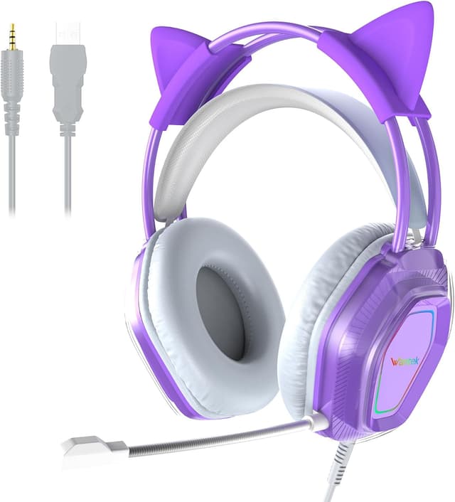 Detalle de Wantak Katzenohr Gaming-Headset mit Mikrofon (kabelgebunden) – 3,5mm/USB, Noise Cancelling, 20–20.000 Hz – Pink