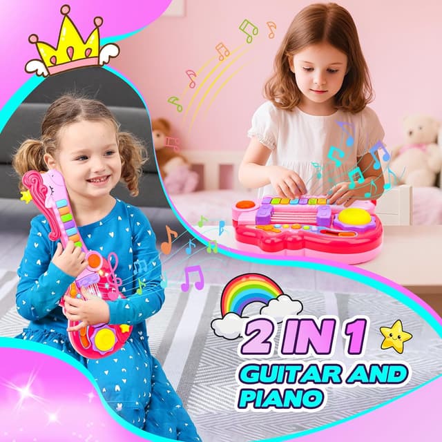 Detalle 2 de m zimoon Kids Toy Guitar 2 in 1 (folding guitar & piano) with strap, pink crown