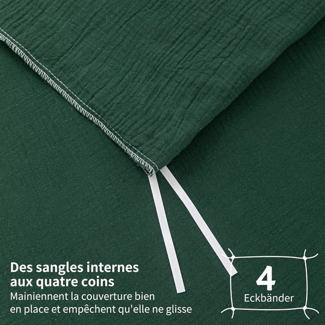 Detalle 2 de YASMENG Parure de lit double en gaze de coton 220x240 vert foncé (housse de couette + taie 65x65 cm)