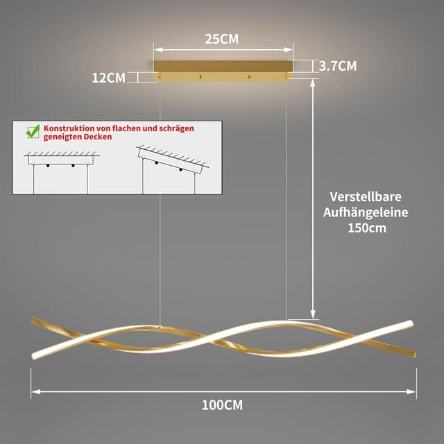 Detalle de Mikeru 100 cm dimmbare Pendelleuchte mit Fernbedienung und Memory-Funktion (3000/4500/6000 K, gold)