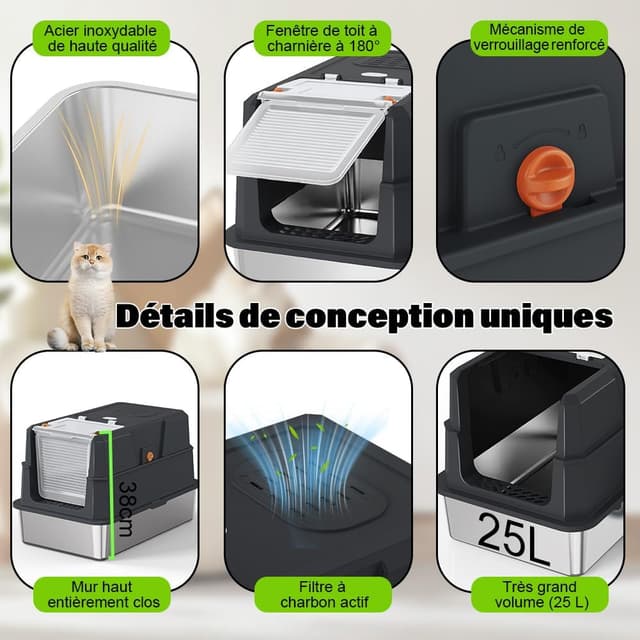 Detalle de SZEE Stainless Steel Cat Litter Tray with Lid (Black) — spacious, easy-clean litter box for odour control