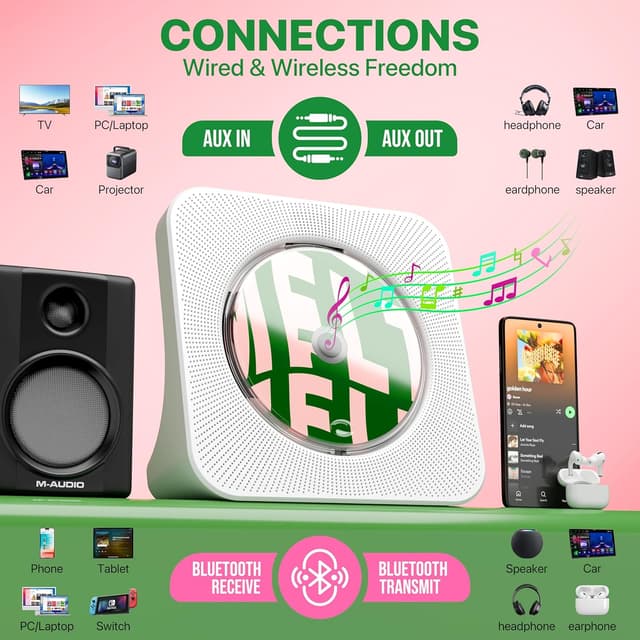 Detalle de ROADOM 8-in-1 Portable CD Player for Home (Desktop) with Bluetooth, FM Radio, USB, AUX, Remote & Timer