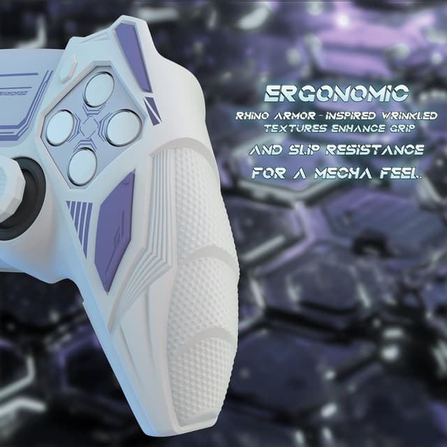 Detalle de PlayVital Mecha Rhino Silicone Cover for PS5 Controller (White & Light Violet) with Thumb Grips & Stickers
