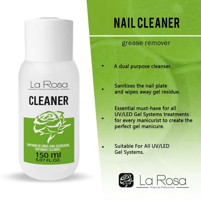 Detalle de LaRosa Nail CLEANER 150 ml – Nagelreiniger & Entfetter für Nagellack und Gelnägel (Ethylalkohol, mit Zitronenduft)