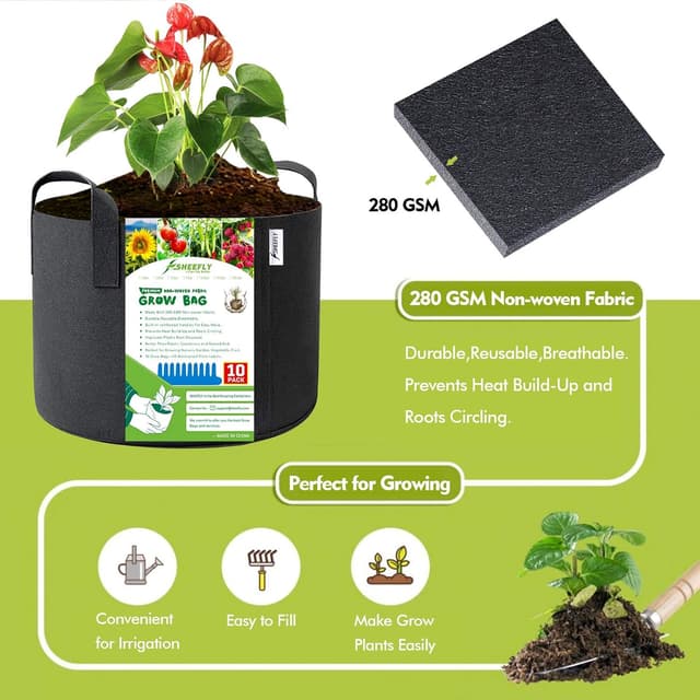 Detalle de SHEEFLY 10 Pack 10 Gallon Grow Bags (Non-woven fabric) with Handles + Plant Labels