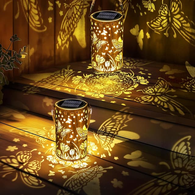 Detalle de Qedertek Solarlampen für Außen Garten (2er-Set) mit LED Schmetterling-Motiv, IP65