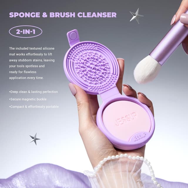 Detalle 2 de Coffret Jessup de pinceaux de maquillage violet 11 pièces (kabuki, éponges, houppettes, tapis de nettoyage) T885