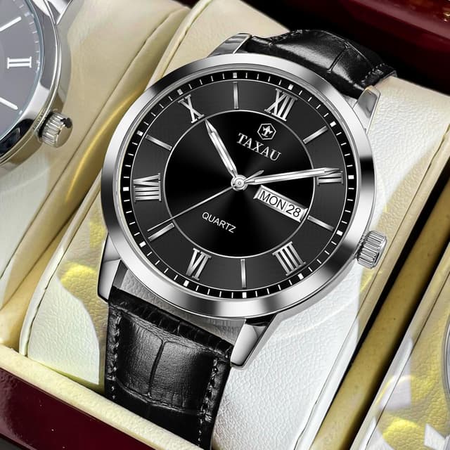 Detalle 2 de Taxau Klassische Herren-Lederuhr mit Quarzwerk, analogem Zifferblatt und Datums-/Wochentagsanzeige