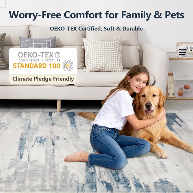 Detalle de Tapis abstrait VK·LIVING pour salon, 120x170 cm bleu & gris (mousse douce, antidérapant)