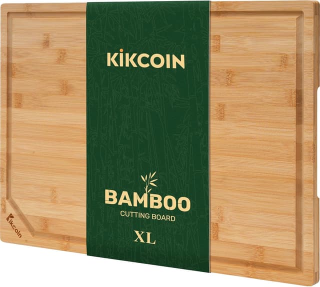 Detalle de Kikcoin 17” x 11” Bamboo Cutting Board with Deep Juice Groove & Handle