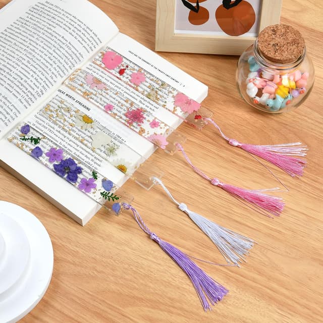 Detalle de OFFCUP Gepresste Blumen Lesezeichen aus Harz (4 Stück) mit Quaste – Lesezeichen personalisiert