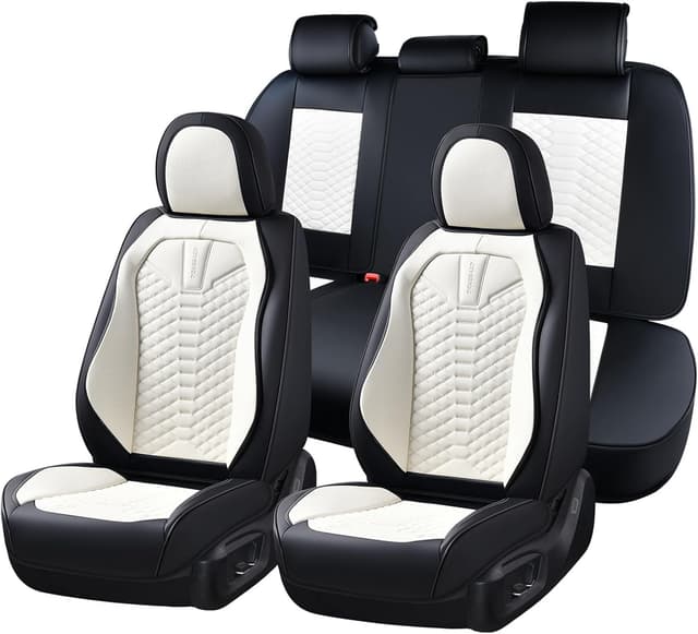 Detalle de Coverado Nappa Leather Car Seat Covers Full Set (5 Seats) — Waterproof Black & White