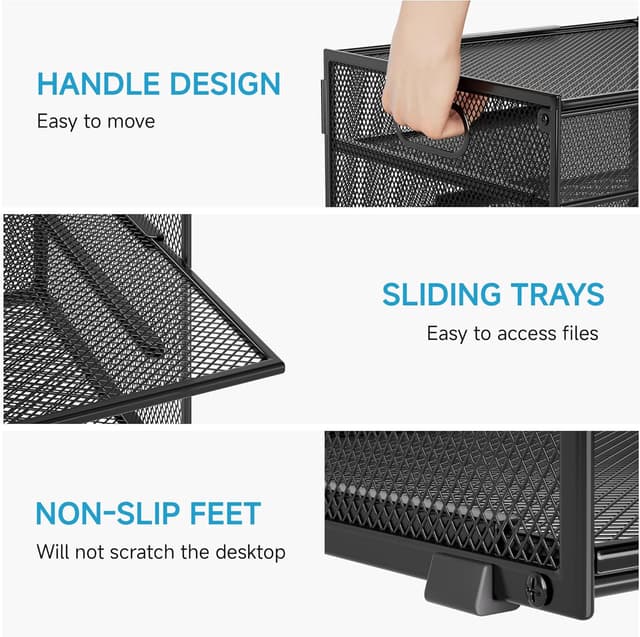 Thumbnail 6 de Marbrasse Organizer da ufficio a 4 livelli con cestino in rete e manico (nero)