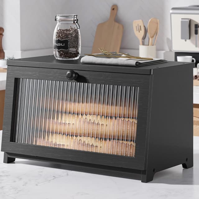 Detalle de Kitsure Wooden Bread Box with Magnetic Acrylic Door and Large Capacity Storage