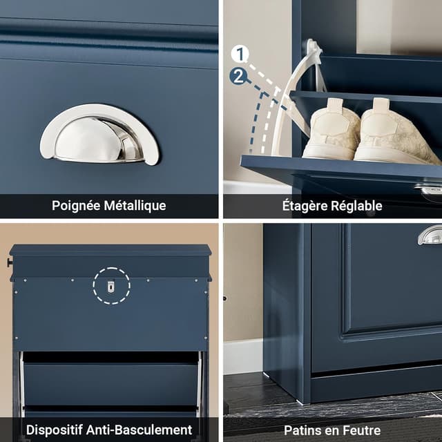 Thumbnail 6 de SoBuy Meuble à chaussures bleu mat avec tiroir, 2 abattants et crochets latéraux FSR78-B