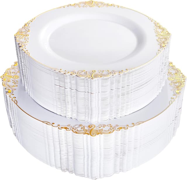 Detalle de Joyido 102PCS White and Gold Heavy-Duty Plastic Plates (51 7.5" Dessert + 51 10.25" Dinner)
