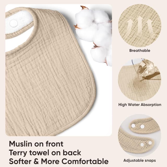 Detalle 2 de bearmoss 8-pack Muslin Baby Dribble Bibs (100% Cotton) – Unisex bandana drool & teething bibs