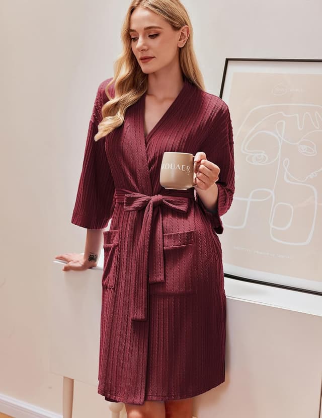 Detalle 2 de Ekouaer peignoir femme en maille côtelée torsadée, robe d’intérieur à manches 3/4 (longueur genou) S-XXL