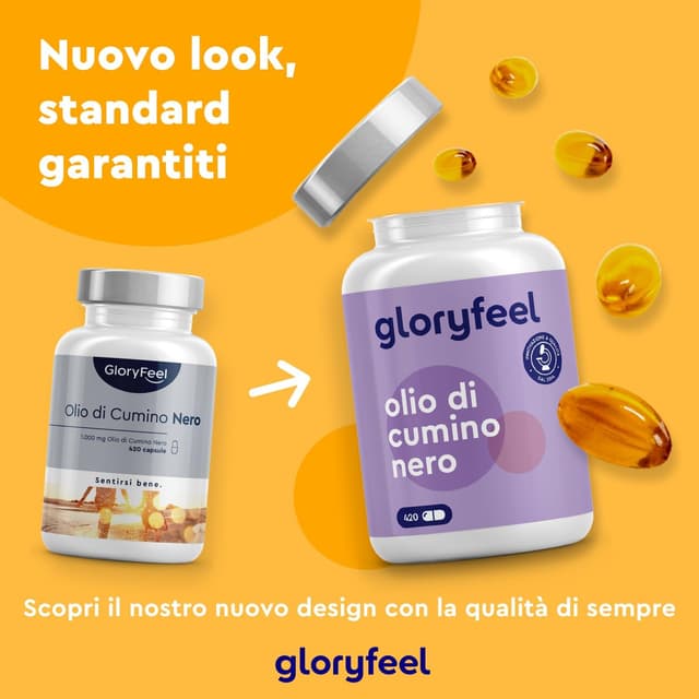 Detalle 2 de Gloryfeel Olio di Cumino Nero (Nigella Sativa) 1000 mg per dose, 420 capsule con Vitamina E